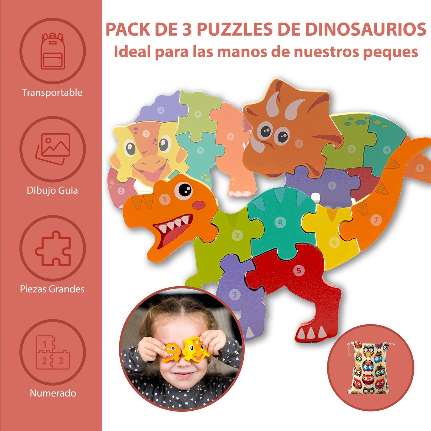 Pack 3 Puzzles madera 3d para niños 2-4 años