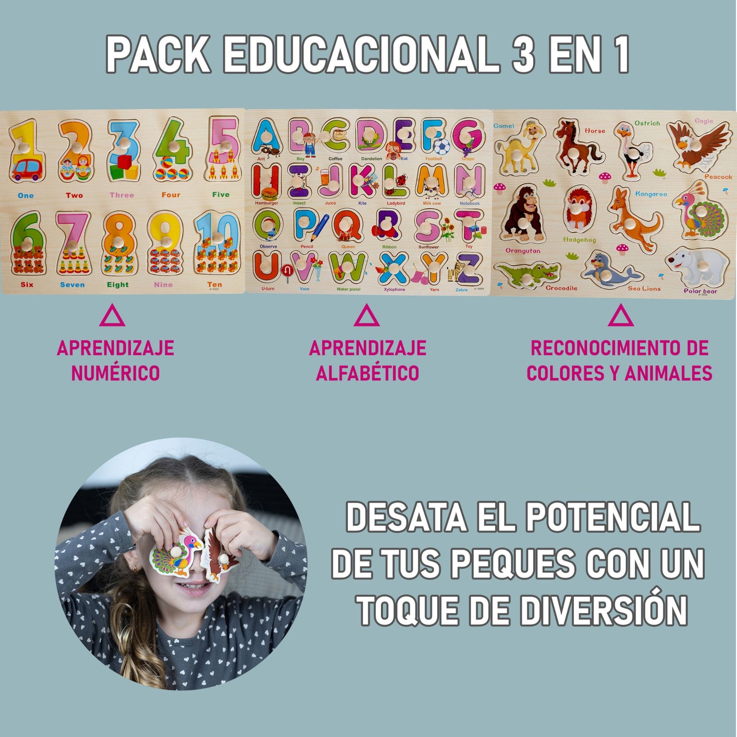 Pack 3 Puzzle de Madera con Empuñadura - Niños 1 a 3 años